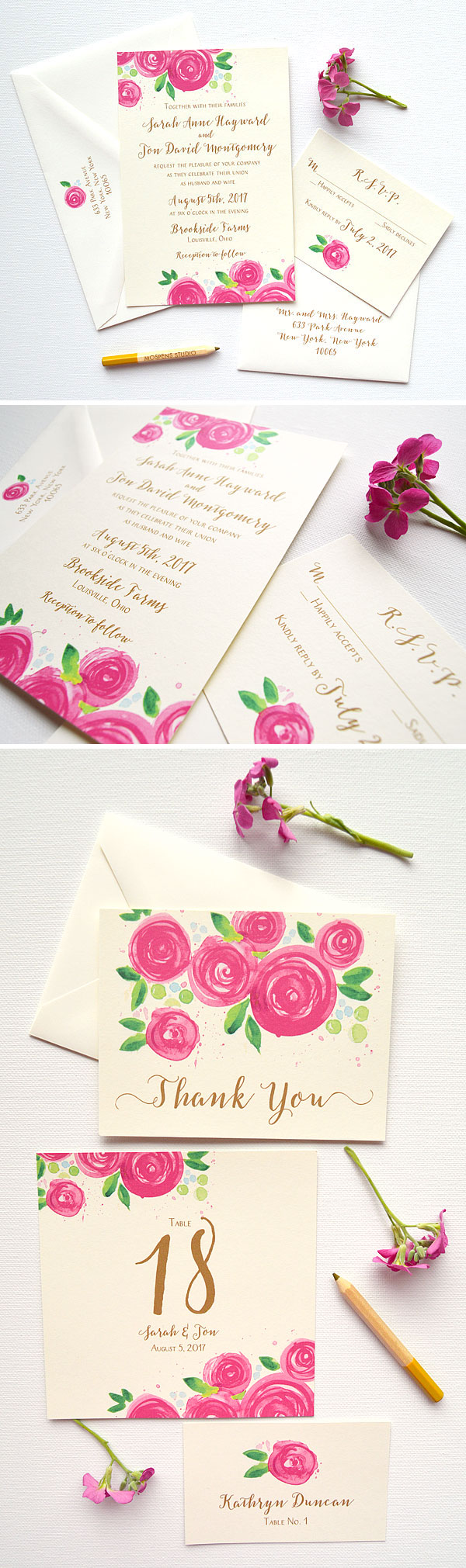 The Berry Rose Blooms Wedding Invitation design features original watercolor rose artwork on thick buttercream cards, and modern fonts in beautiful aged gold flat matte ink. Letterpress and raised ink upgrades available! - www.mospensstudio.com