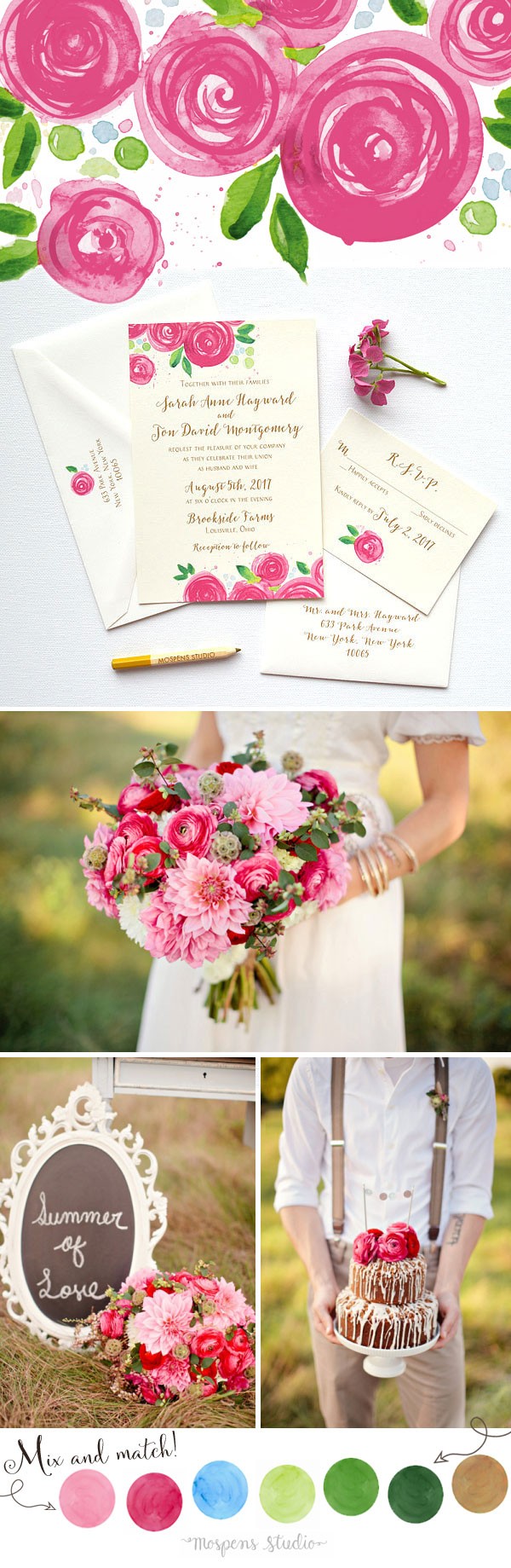 Late Summer Wedding Ideas You'll Love! Michelle Mospens original Raspberry Rose Blooms hand-painted art in watercolor. Each design is then printed stroke for stroke for a LOVELY hand-painted effect. www.mospensstudio.com