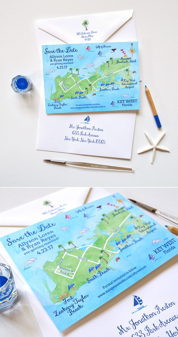 So much fun! A map save the date is perfect for destination weddings. 100% Original Art. Key West Florida map save the date cards now available! - www.mospensstudio.com