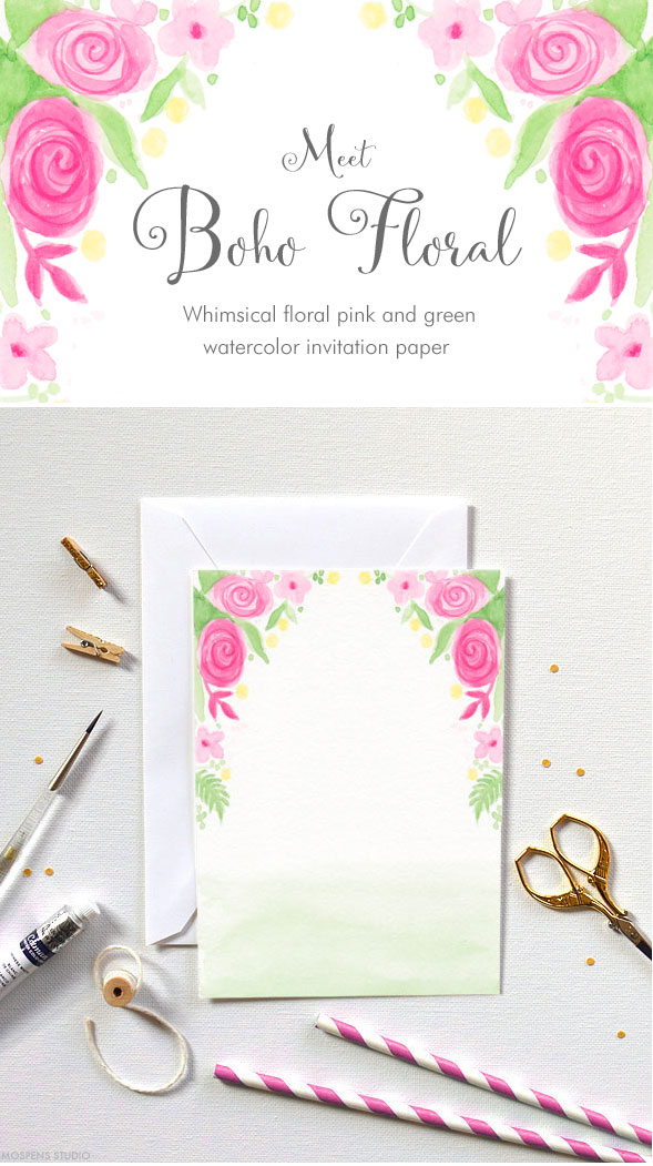 Original watercolor art Boho Floral D.I.Y. printable invitation paper - www.mospensstudio.com