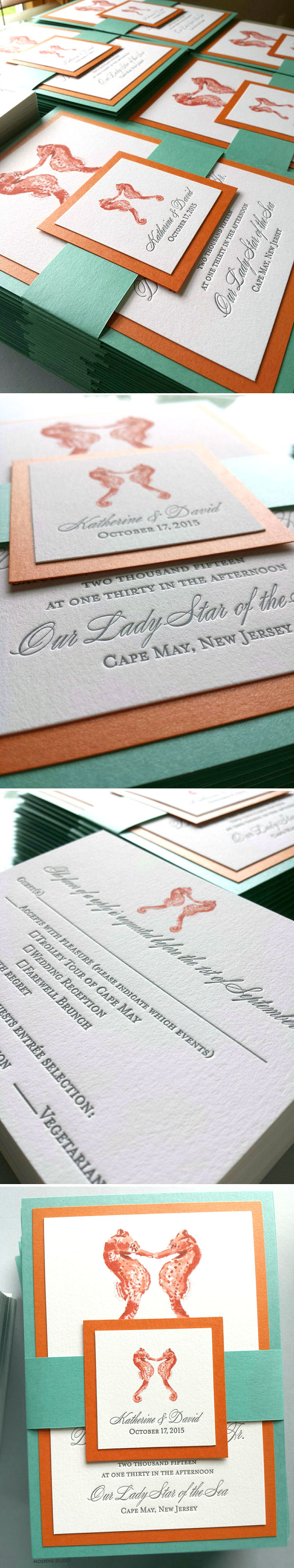 Beautiful Beach Wedding Invitations - The sea-worthy design features original seahorses watercolor art, letterpress printing, custom belt, and 3 card layers. Completely customizable! Available online www.mospensstudio.com