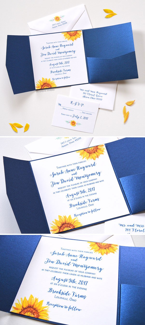 Watercolor Sunflower Blooms Pocket Folder Invitations perfect for a fall wedding. Now available! Completely customizable. - www.mospensstudio.com