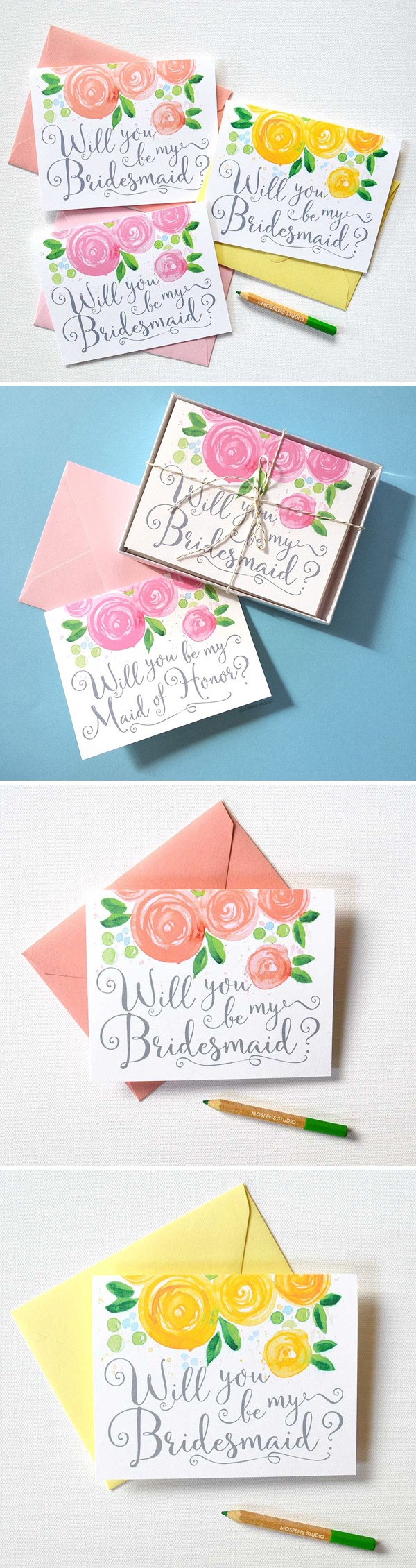 So pretty! Watercolor Will You Be My Bridesmaid Cards by artist Michelle Mospens. 100% original art. - www.mospensstudio.com