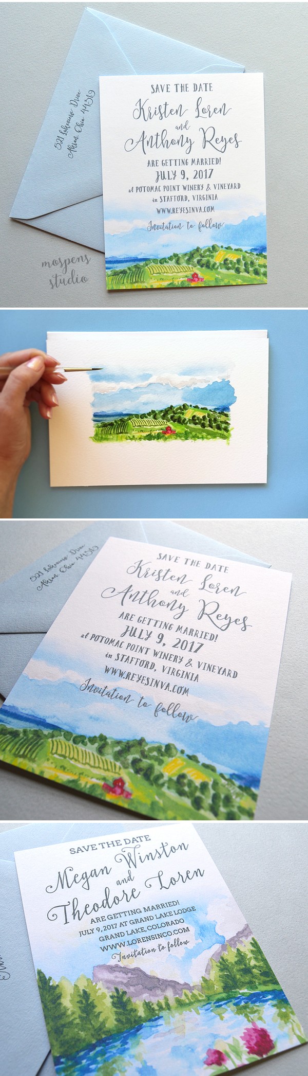 Send the scene! Landscape Save The Date Cards complete with 100% original hand painted watercolor art by Michelle Mospens. Perfect for a rustic and vineyard wedding!! - www.mospensstudio.com