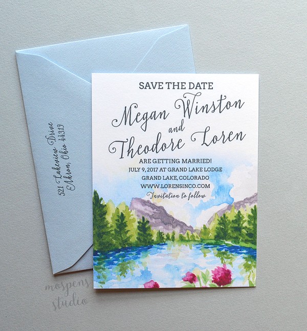 Spring Mountains watercolor save the dates by Michelle Mospens. - www.mospensstudio.com