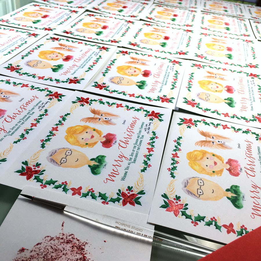 Custom christmas cards with hand-painted watercolor illustrations. - www.mospensstudio.com