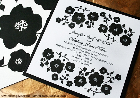 New Hand Painted Black and White Floral Invitation Design