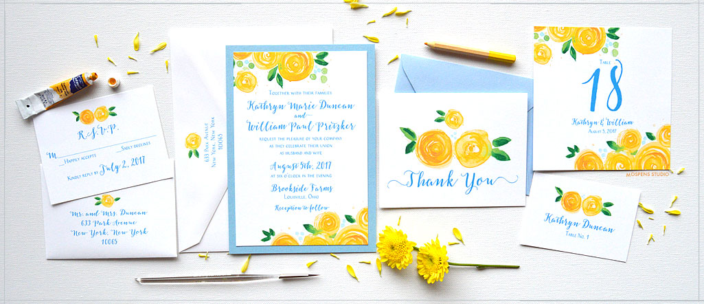 Watercolor Flower Wedding Invitations - www.mospensstudio.com