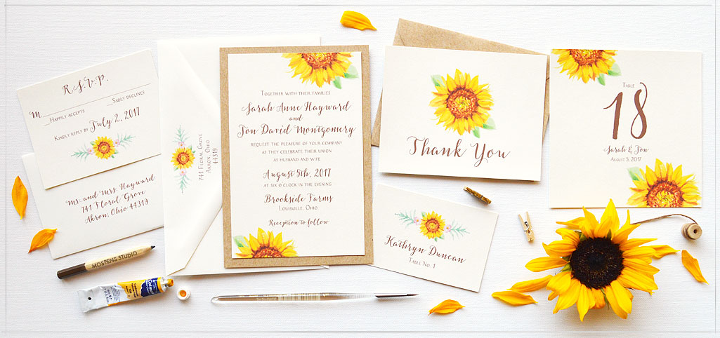 Sunflower watercolor wedding invitations - www.mospensstudio.com
