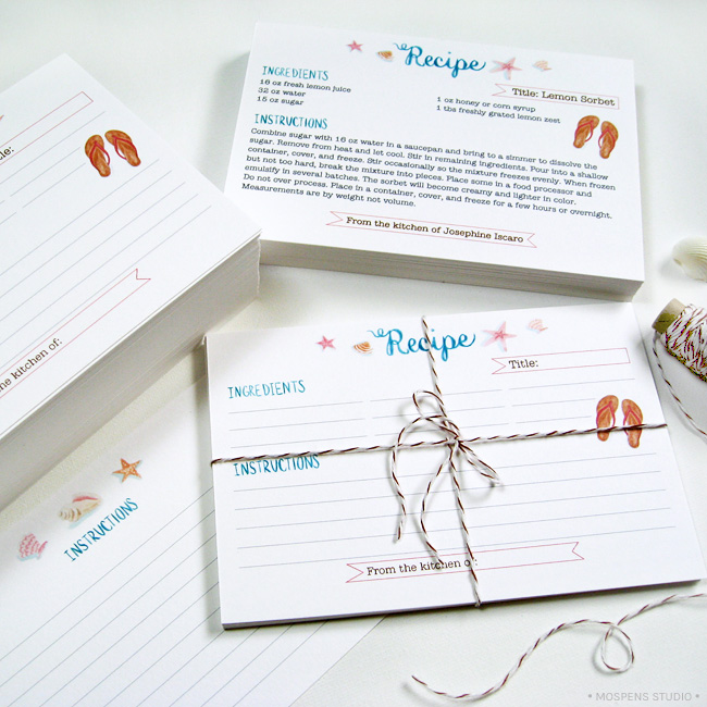 Beach theme recipe cards | Mospens Studio