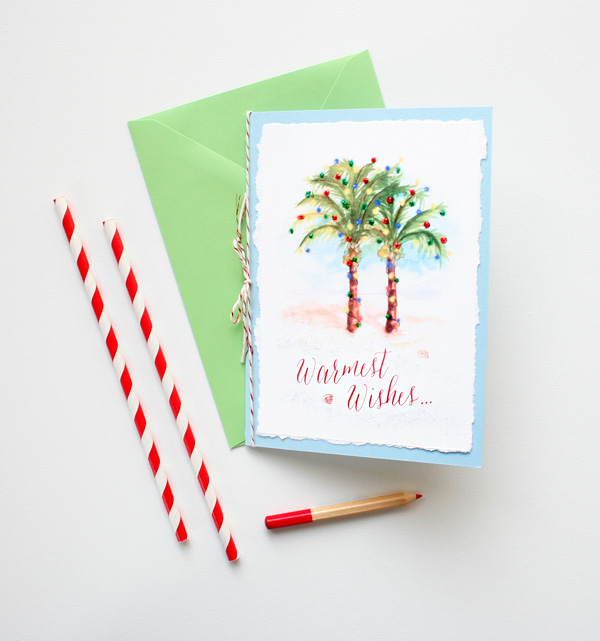 Luxe hand-painted watercolor palm tree Christmas holiday cards | www.mospensstudio.com