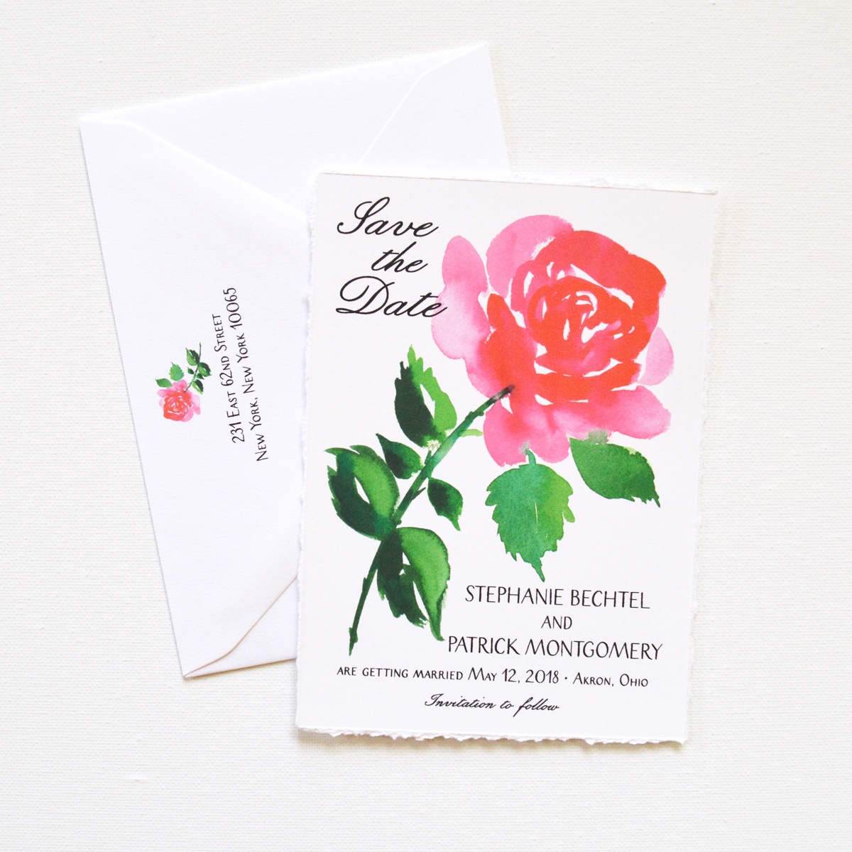Custom save the dates with watercolor rose by artist Michelle Mospens. www.mospensstudio.com