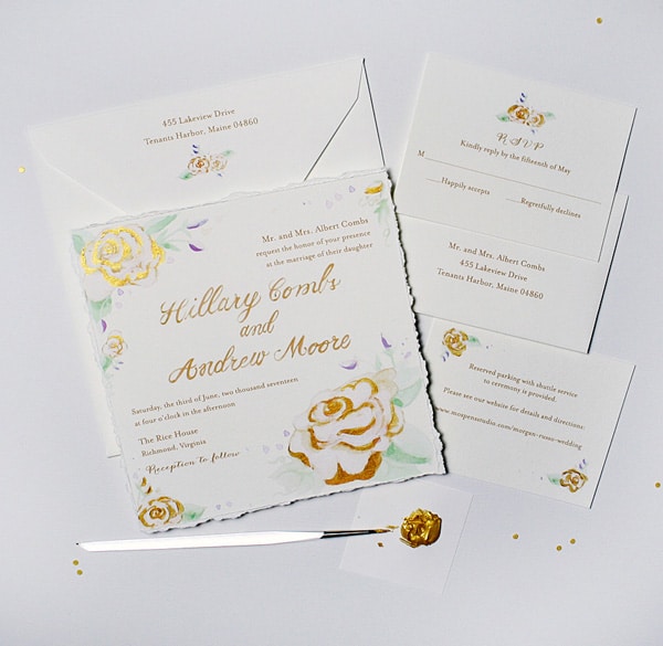 Hand-painted Gold Roses Wedding Invitations