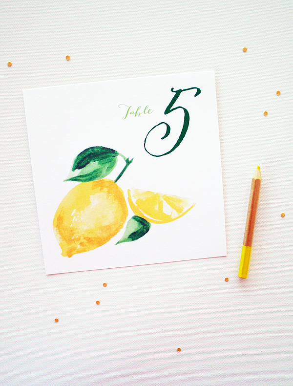 Watercolor lemon fruit table number cards | Mospens Studio