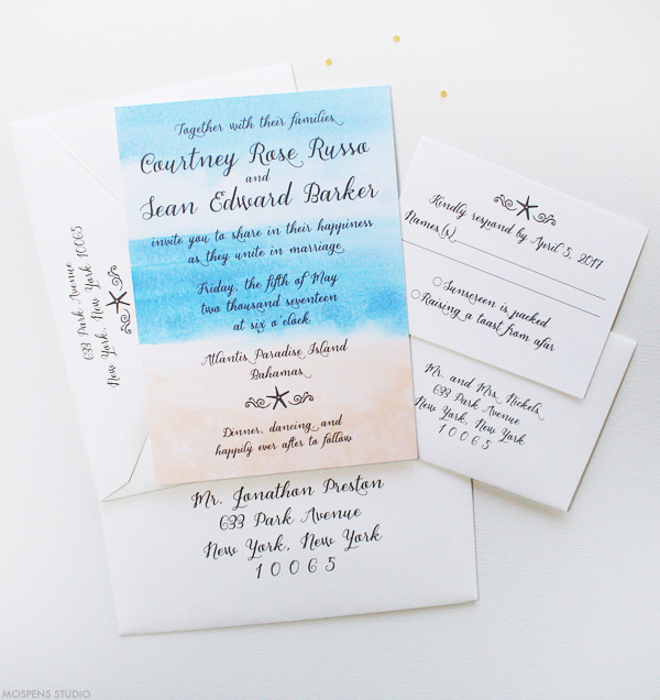 Beach Breeze watercolor beach wedding invitations | www.mospensstudio.com