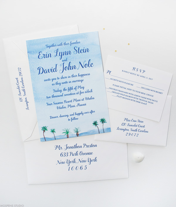 Watercolor beach wedding invitations | www.mospensstudio.com