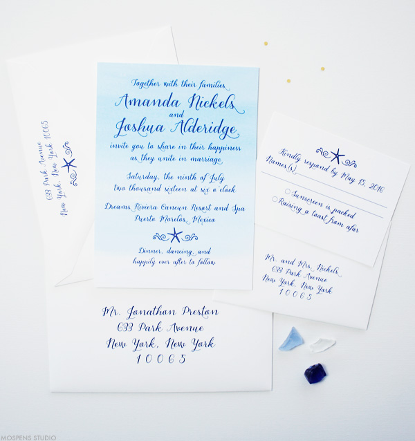 Tropical watercolor beach wedding invitations | www.mospensstudio.com