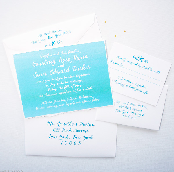 Turquoise watercolor beach wedding invitations | www.mospensstudio.com