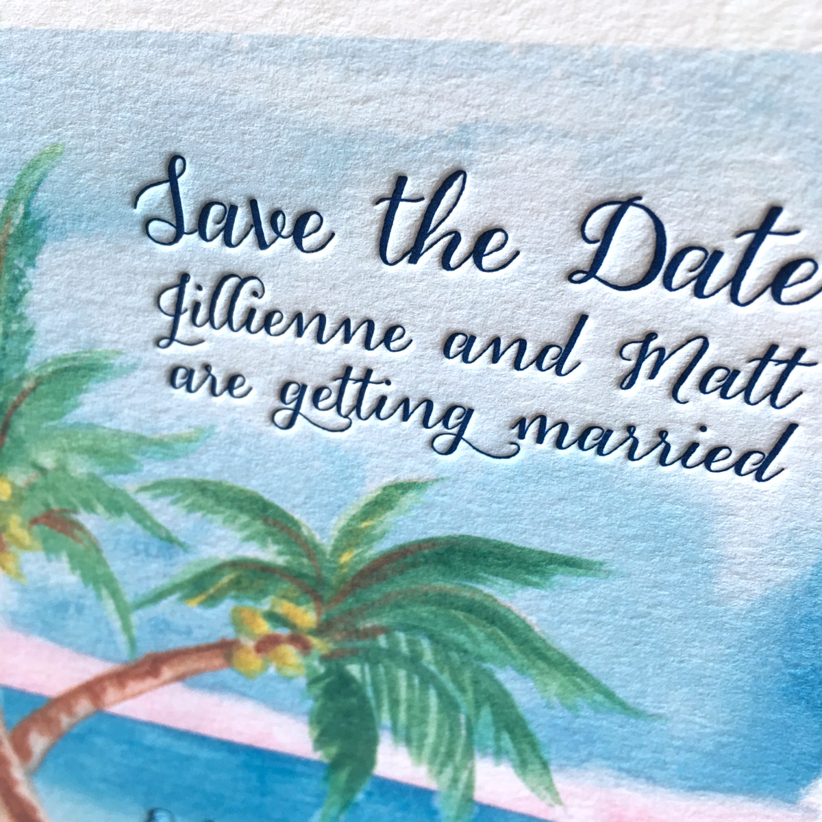 Watercolor beach letterpress wedding invitations. www.mospensstudio.com