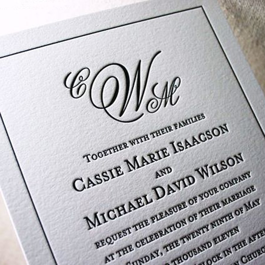 Elegant wedding invitations with monogram letterpress. www.mospensstudio.com