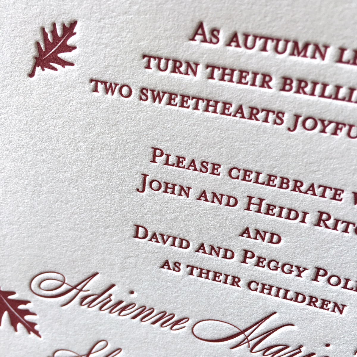 Elegant letterpress wedding invitations with leaves. www.mospensstudio.com