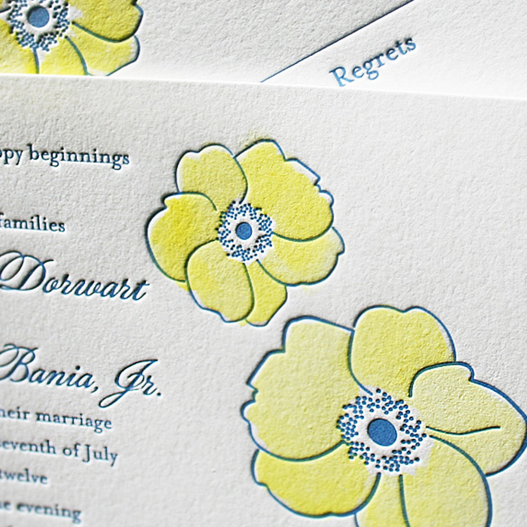 Hand painted letterpress wedding invitations with flowers. www.mospensstudio.com