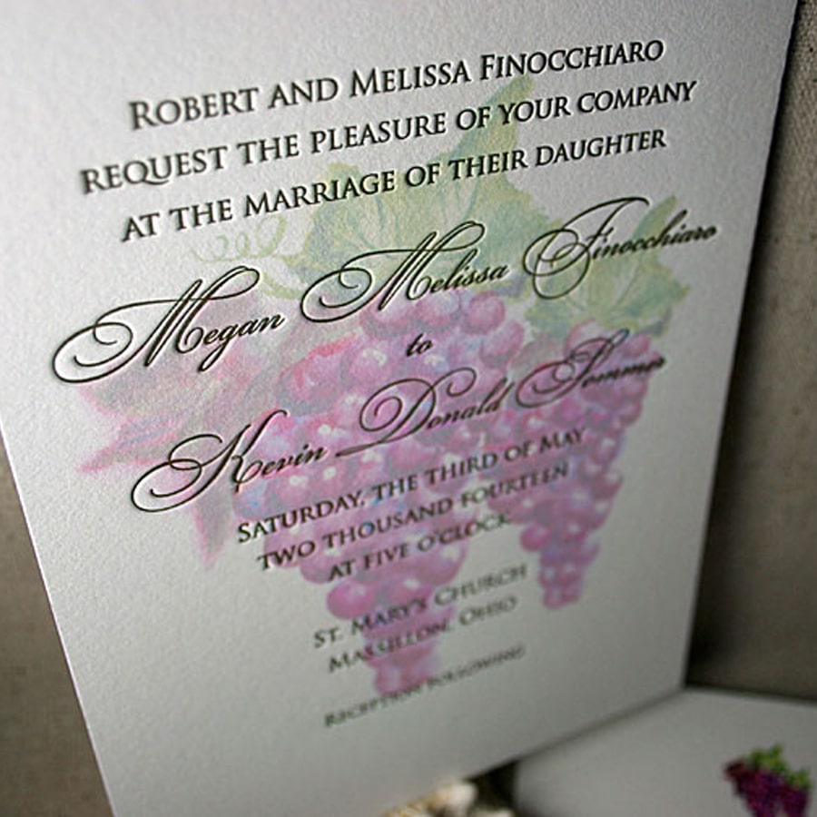 Letterpress wedding invitations with grapes. www.mospensstudio.com