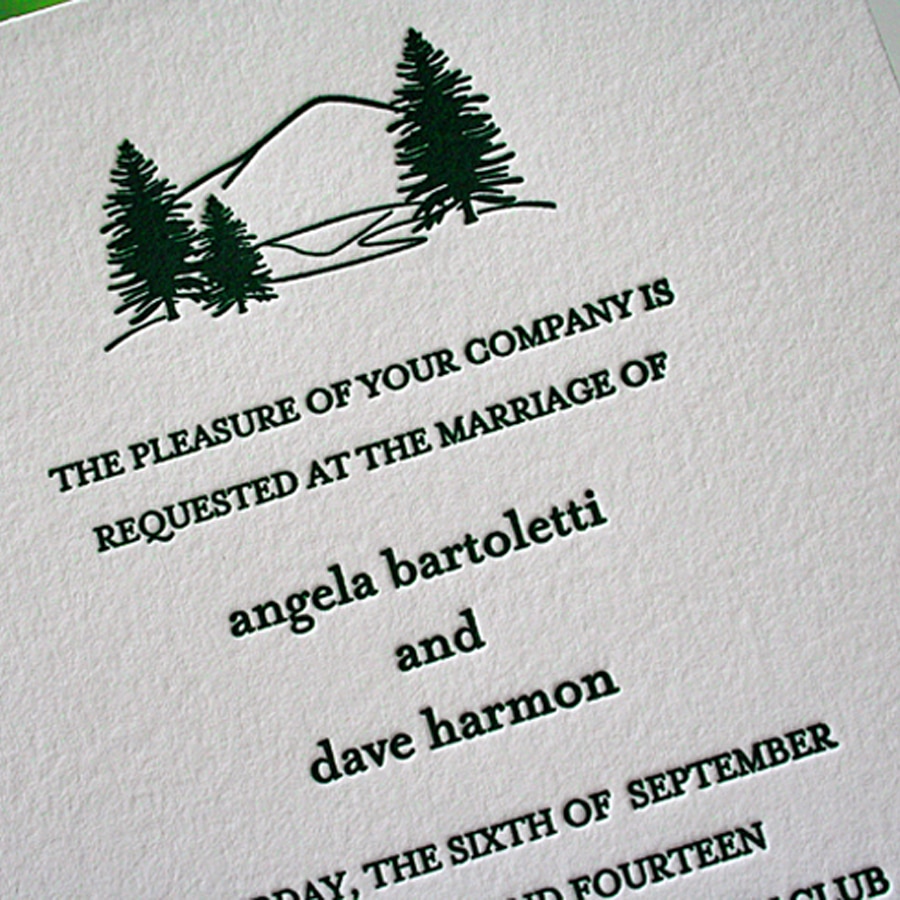 Letterpress mountain and pine tree wedding invitations. www.mospensstudio.com