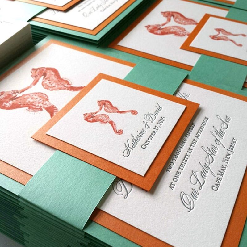 Seahorses wedding invitations letterpress