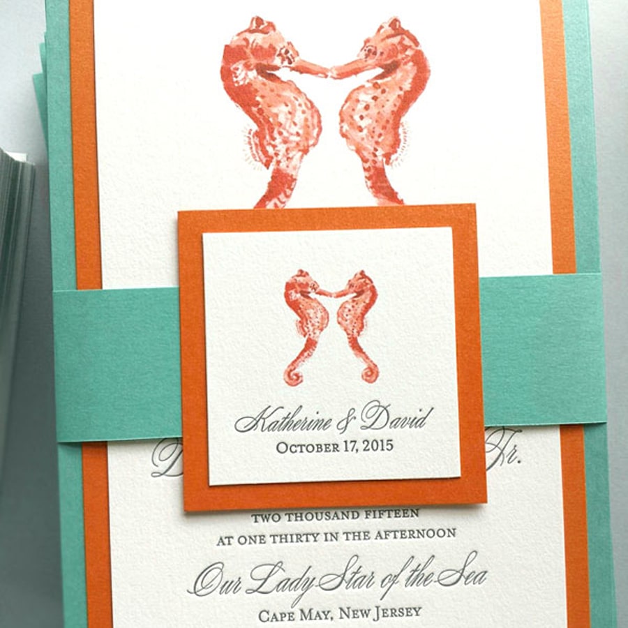 Seahorses wedding invitations letterpress. www.mospensstudio.com