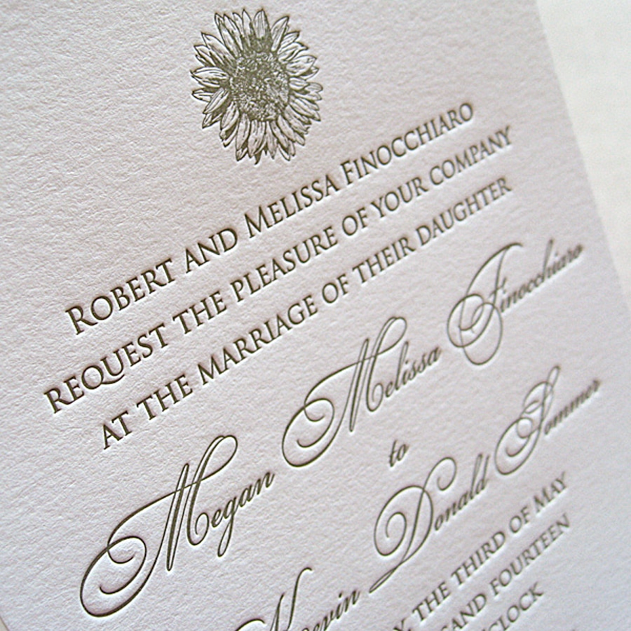 Sunflower letterpress wedding invitations. www.mospensstudio.com