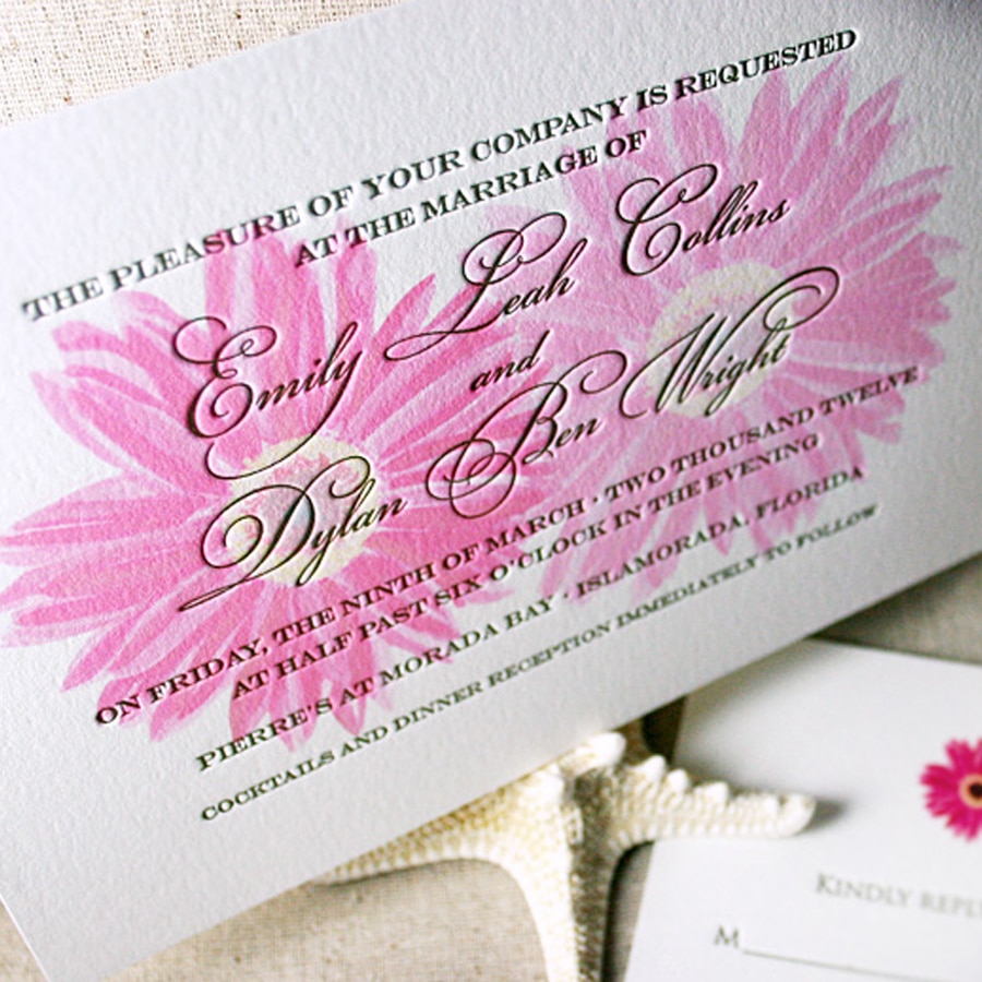 Letterpress wedding invitations with flowers. www.mospensstudio.com