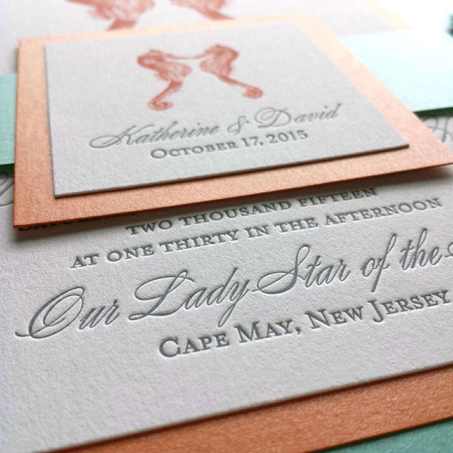 Letterpress wedding invitations with seahorses. www.mospensstudio.com