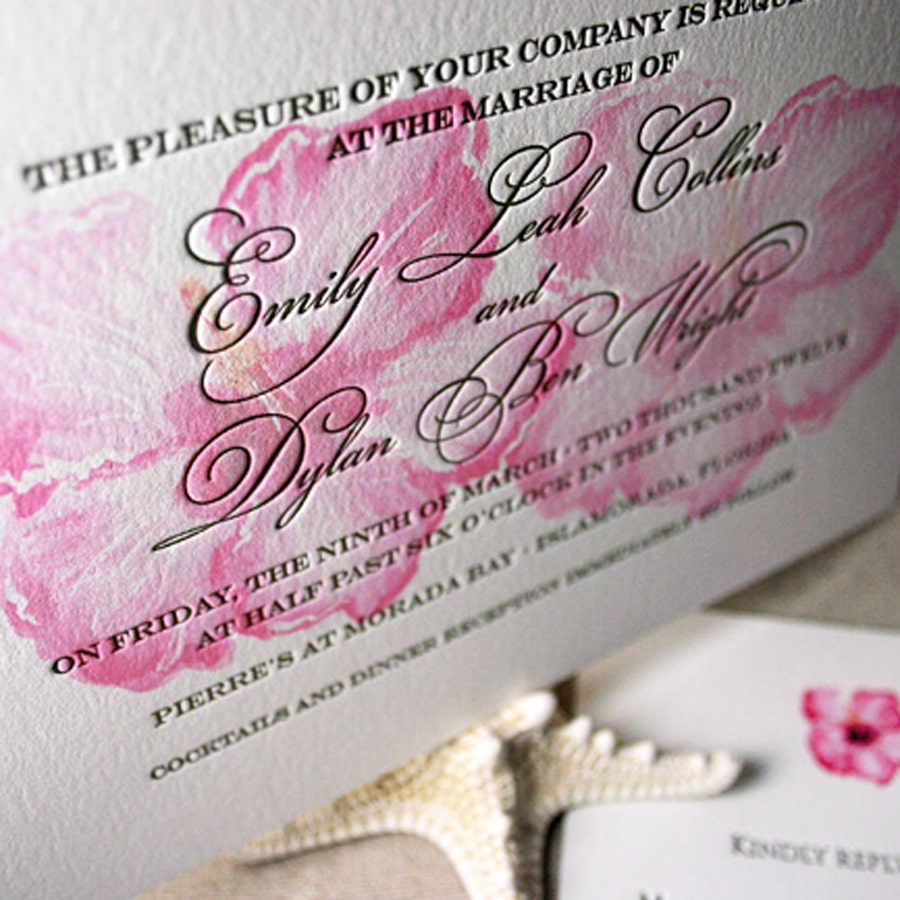Letterpress wedding invitations with flowers. www.mospensstudio.com