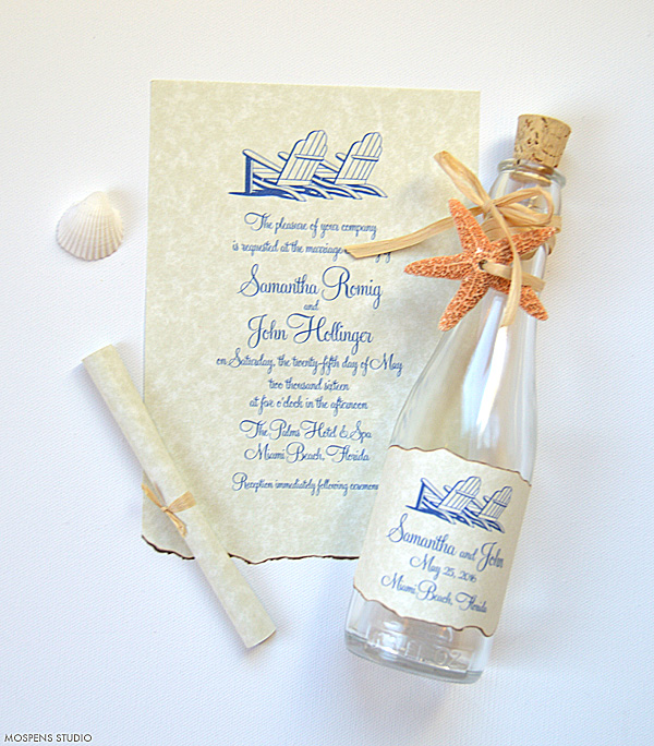 21 Bottle Beach Wedding Invitation Ideas you'll love for your beach wedding! www.mospensstudio.com