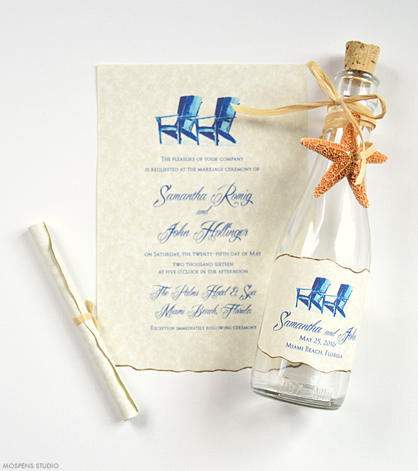 Watercolor Beach Chairs Bottle Wedding Invitations