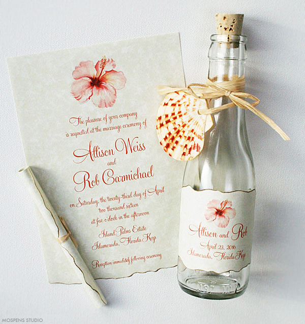 21 Bottle Beach Wedding Invitation Ideas you'll love for your beach wedding! www.mospensstudio.com