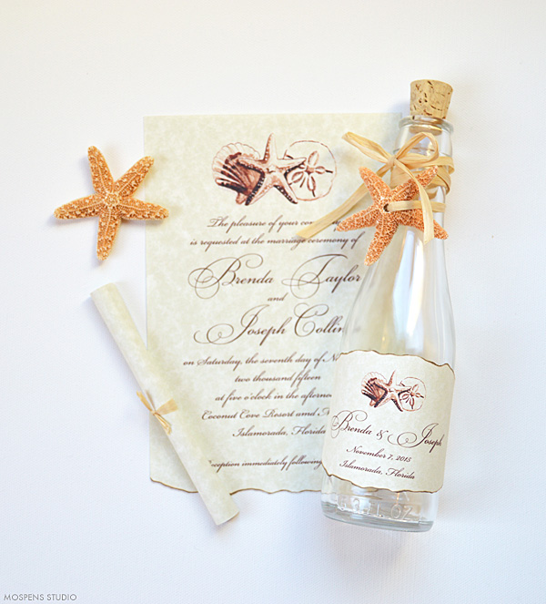 21 Bottle Beach Wedding Invitation Ideas you'll love for your beach wedding! www.mospensstudio.com