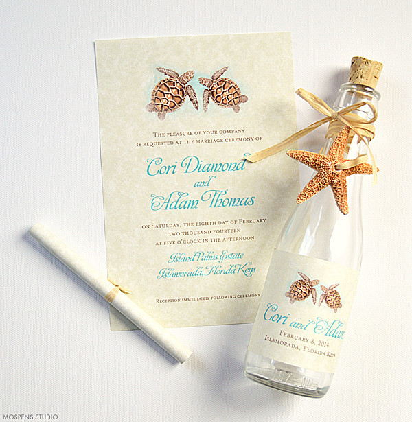 21 Bottle Beach Wedding Invitation Ideas you'll love for your beach wedding! www.mospensstudio.com