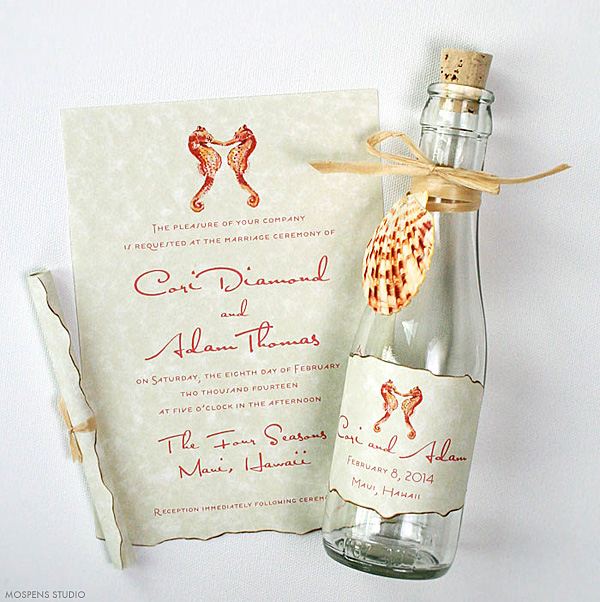 21 Bottle Beach Wedding Invitation Ideas you'll love for your beach wedding! www.mospensstudio.com