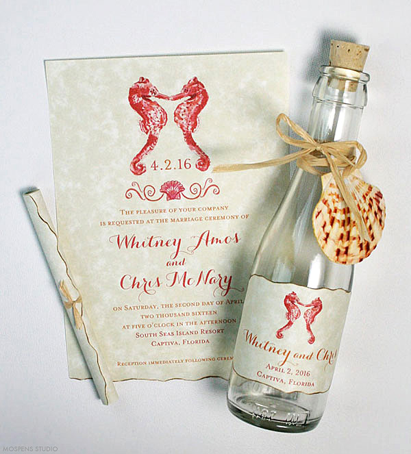 21 Bottle Beach Wedding Invitation Ideas you'll love for your beach wedding! www.mospensstudio.com