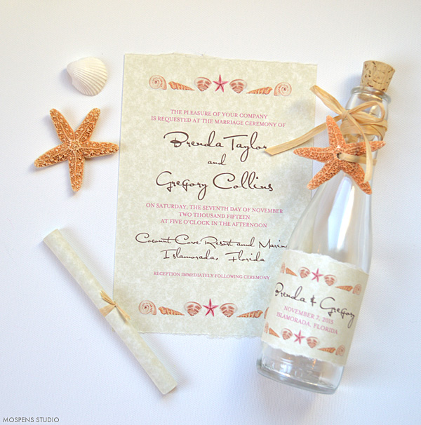 21 Bottle Beach Wedding Invitation Ideas you'll love for your beach wedding! www.mospensstudio.com