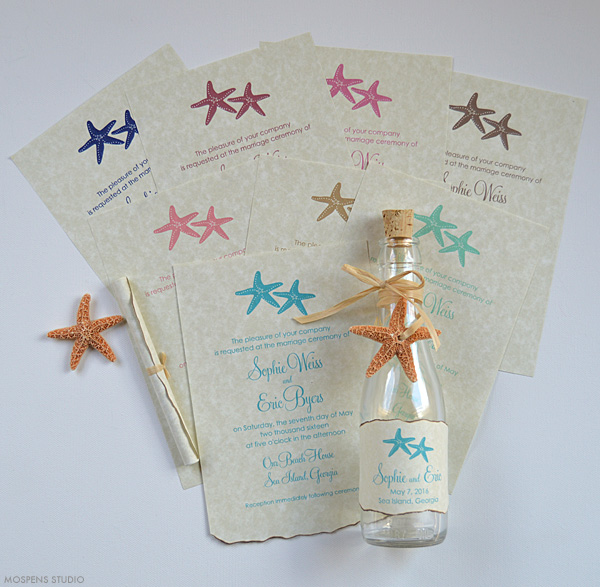 21 Bottle Beach Wedding Invitation Ideas you'll love for your beach wedding! www.mospensstudio.com