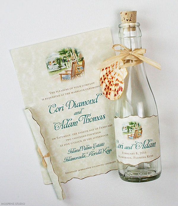 21 Bottle Beach Wedding Invitation Ideas you'll love for your beach wedding! www.mospensstudio.com