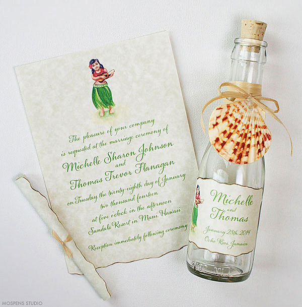 21 Bottle Beach Wedding Invitation Ideas you'll love for your beach wedding! www.mospensstudio.com