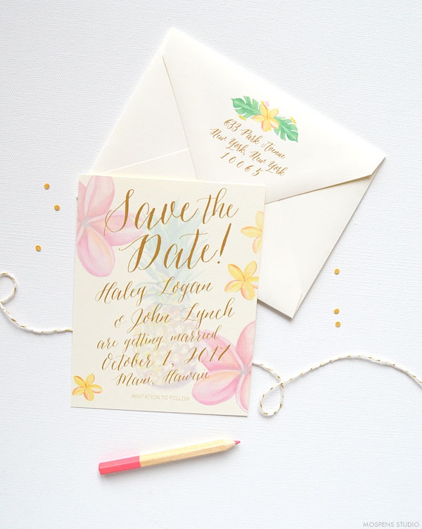 Pretty tropical plumeria flower save the dates | www.mospensstudio.com