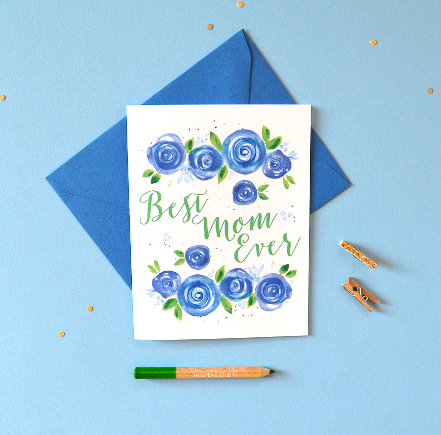 Blue watercolor flowers Mother's Day Card by artist Michelle Mospens - www.mospensstudio.com