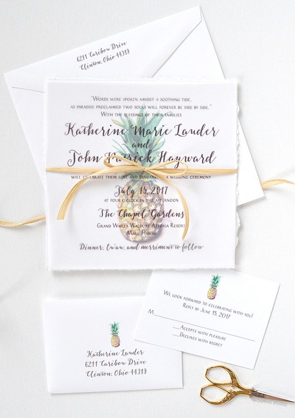 Tropical watercolor pineapple wedding invitations - www.mospensstudio.com