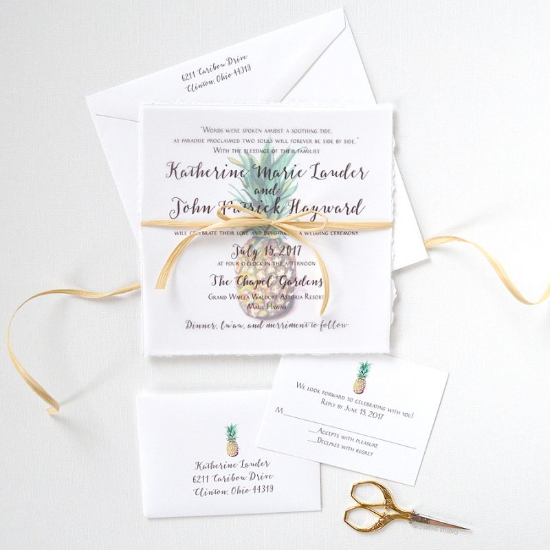 Tropical watercolor pineapple wedding invitations - www.mospensstudio.com