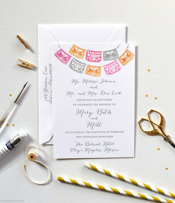 Watercolor papel picado wedding invitations - www.mospensstudio.com